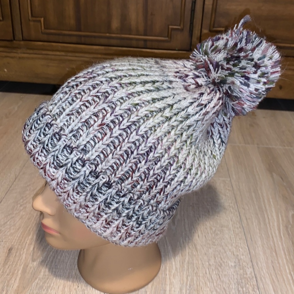 Purple green knit winter hat with Pom Pom